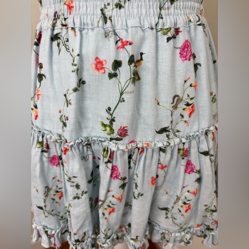 Hill House 100% Linen Pond Floral The Paz Tiered Ruffle Mini Skirt SZ Small - Picture 5 of 11
